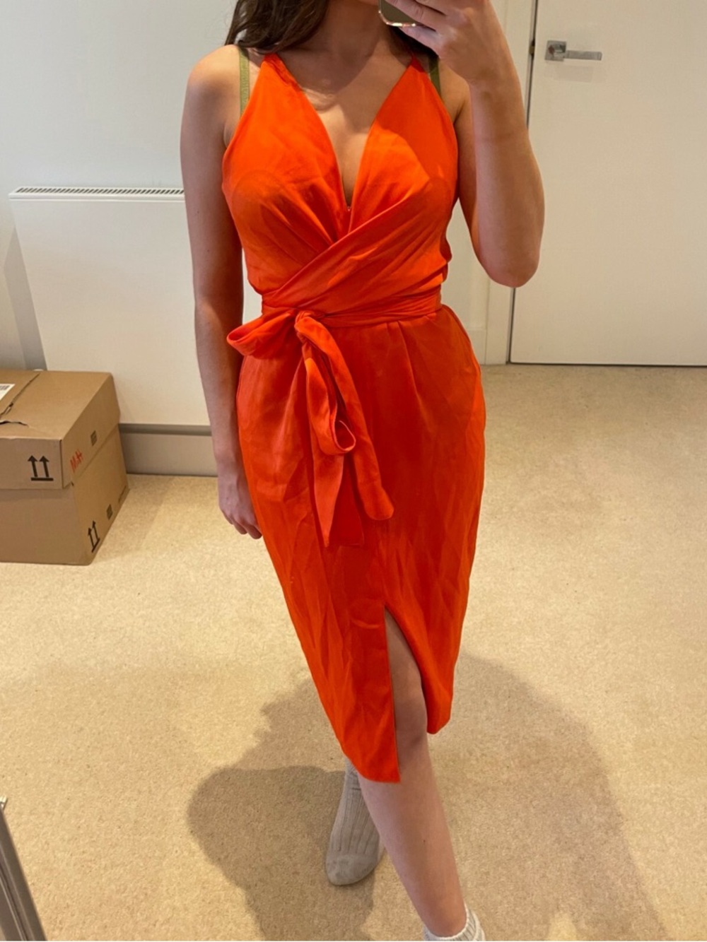 ASOS Bright Orange Wrap Midi Dress with Tie Waist